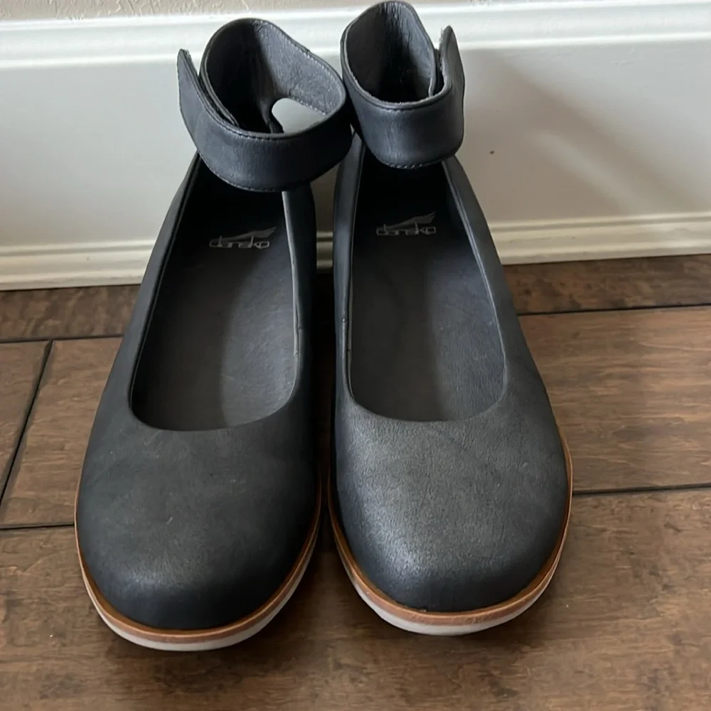 Dansko Black Leather Wedge Mary Janes with White Soles
